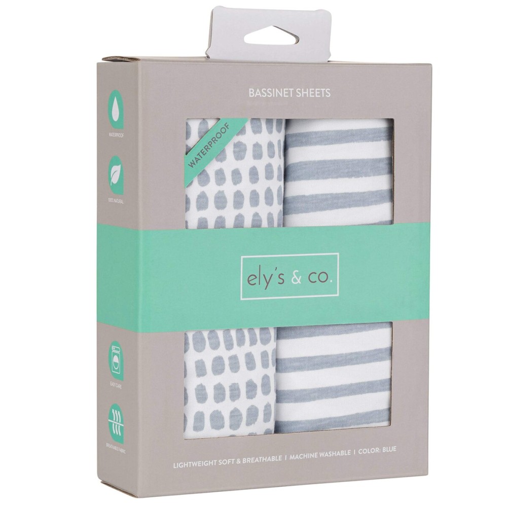 Elys & Co. Patent Pending Waterproof Bassinet Sheet 2-Pack Set for Baby Boy - 100% Cotton, Jersey Knit Cotton Sheets with Waterproof Lining - Misty Blue, Stripes and Splashes