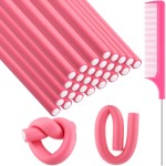 Syhood 30 Pcs Flexible Curling Rods 9.45 Twist Foam Rollers Soft Foam No Heat Hair Rods Rollers and 1 Steel Pintail Comb Rat Tail Comb for Women Long Short Hair(Pink,9.45 x 0.63 Inch)