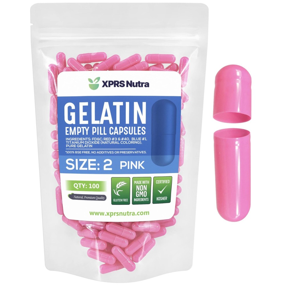 XPRS Nutra Size 2 Empty Capsules - 100 Count Empty Gelatin Capsules - Pills DIY Capsule Filling - Pure Bovine Pill Gel Caps for Do-It-Yourself Supplements (Pink)