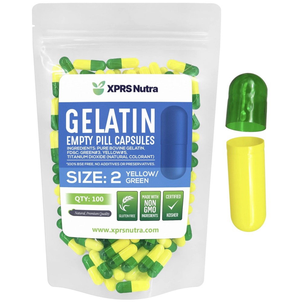 XPRS Nutra Size 2 Empty Capsules - 100 Count Empty Gelatin Capsules - Pills DIY Capsule Filling - Pure Bovine Pill Gel Caps for Do-It-Yourself Supplements (Green/Yellow)