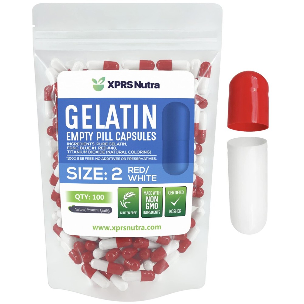 XPRS Nutra Size 2 Empty Capsules - 100 Count Empty Gelatin Capsules - Pills DIY Capsule Filling - Pure Bovine Pill Gel Caps for Do-It-Yourself Supplements (Red/White)