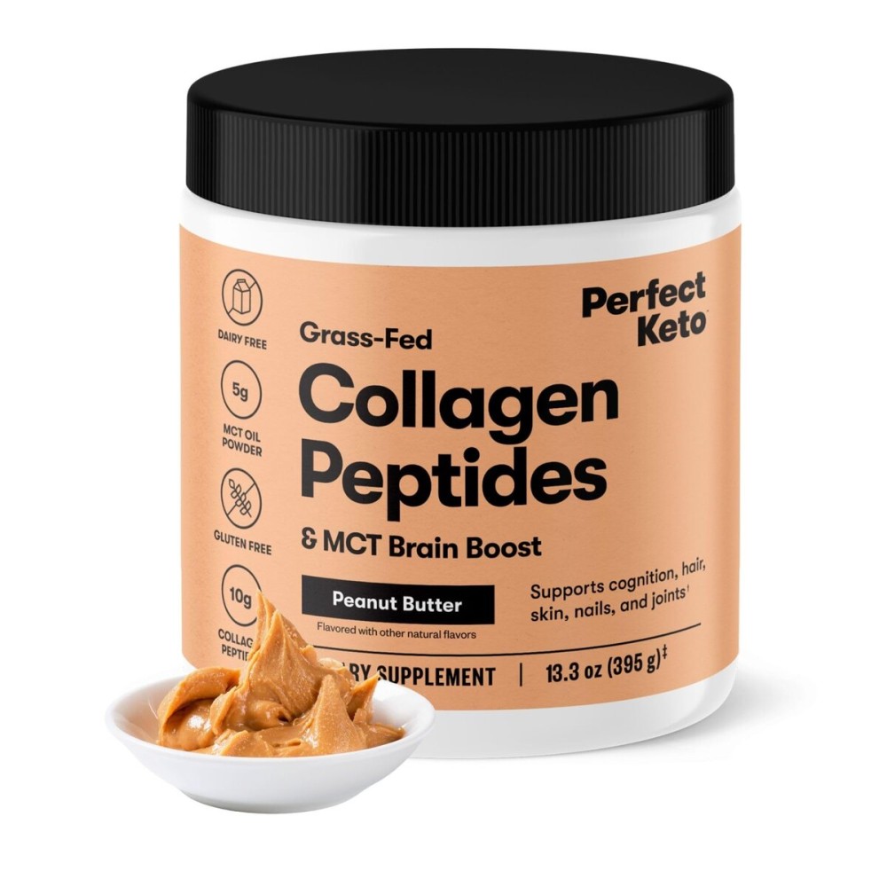 Perfect Keto Collagen Peptides Protein Powder with MCT Oil, Hydrolyzed Collagen, Type I & III Supplement, Gluten Free Grass Fed, Low Carb, Keto Coffee Creamer, Collagen for Women & Men, Peanut Butter