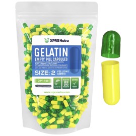 XPRS Nutra Size 2 Empty Capsules - 500 Count Empty Gelatin Capsules - Pills DIY Capsule Filling - Pure Bovine Pill Gel Caps for Do-It-Yourself Supplements (Green/Yellow)