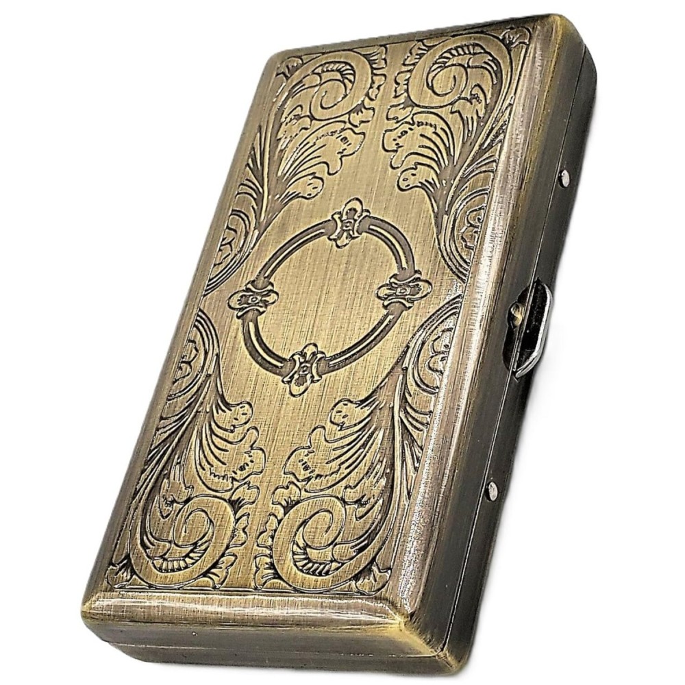 Cigarette Case Victorian Style Metal Holder for Regular, King and 100\'s Size Pocket Protective Security Wallet (ES100-AB, Antique Brass)