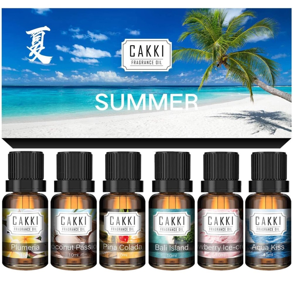 Summer Essential Oils for Diffusers for Home, CAKKI Fragrance Oils Set, 6X10ml with Coconut Passion, Plumeria, Pina Colada, Aqua Kiss, Bali Island, Strawberry, Aromatherapy Oils, for Candles Making