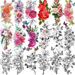 TASROI 18 Sheets Sexy Flower Rose Temporary Tattoos For Women Girls Adults, Women Body Art Fake Arm Tattoo Stickers, Waterproof Moon Butterfly Black Floral Tattoo Temporary Orchid Dahlia Neck Tatoos