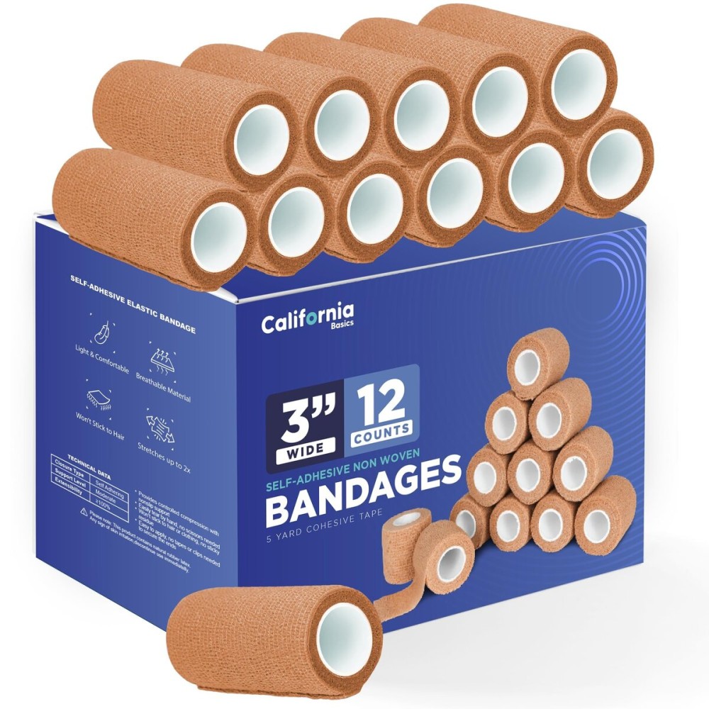 Self-Adhesive Bandage Wrap - Suitable for All Sports - Breathable Athletic Tape for Wrists - Knee and Ankle - Self Adhesive Bandage- 3 Inch- 12 Pack - Brown