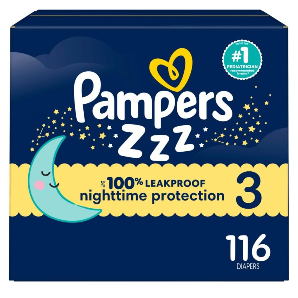 Pampers ZZZ Overnight Diapers, Size 3 (16-28 lbs), 116 Count, Nighttime Protection Disposable Baby Diaper, Night Time Leak and Skin Protection