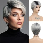 SEVENCOLORS Short Grey Wigs Ombre Gray Pixie Cut Wig with Dark Root Synthetic Natural Hair Short Silver Wigs for Black Women White Women