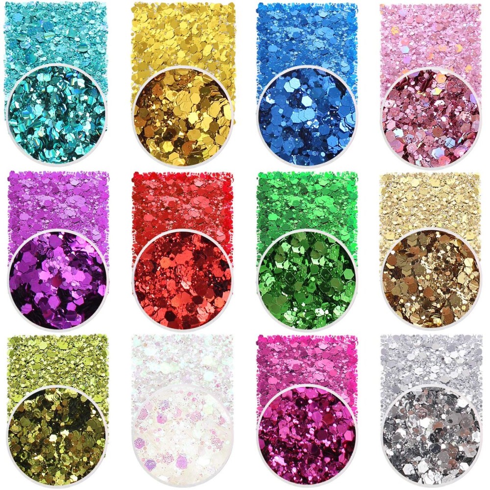 Holographic Chunky Sequins 12 Colors Mixed Laser Cosmetic Glitter for Face, Body, Eye, Hair, Nail Art, Lip Gloss - Festival Glitter Makeup with Different Hexagon Sizes (Metallic Mix)