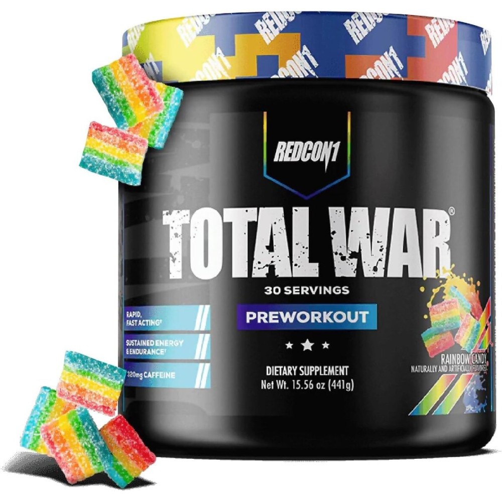 REDCON1 Total War Pre Workout, Rainbow Candy - Beta Alanine + Citrulline Malate Keto Friendly Preworkout for Men & Women with 320mg of Caffeine - Fast Acting (30 Servings)