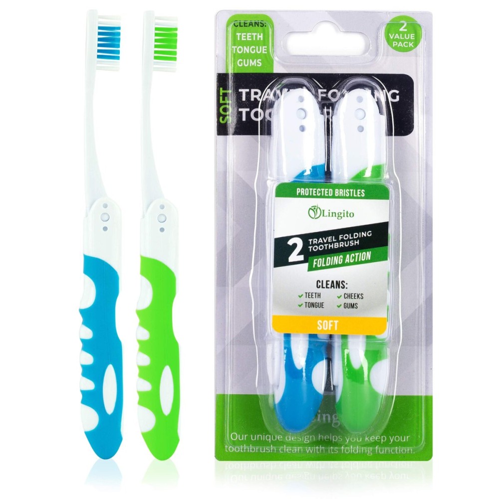 Blue-Green Travel Toothbrush Kit (2 Pack-Soft) - Portable, Folding, Collapsible, Built-in Cover, Perfect for Hiking, Camping, and Traveling
