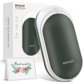 BESKAR Rechargeable Hand Warmer, 5200mAh Electric Handwarmer with 8Hrs Long Lasting Heating, Double-Sided Heating & USB Quick Charge, Portable Pocket Hand Warmer & Powerbank for Outdoor, Raynauds
