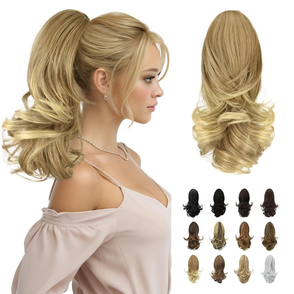 SOFEIYAN 13 Ponytail Extension Long Curly Ponytail Clip in Claw Hair Extension Natural Looking Synthetic Hairpiece for Women, Dark Blonde to Bleach Blonde
