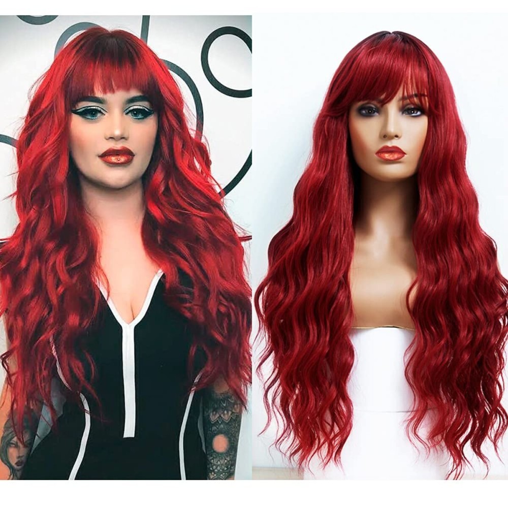 ANDRIA Red Wig with Bangs Ombre Burgundy Red Color Wig Wet and Wavy Long Loose Curly Wave Synthetic Heat Resistant Fiber Hair Gray Wigs for Women 26 Inch