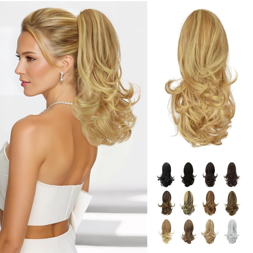 SOFEIYAN 13 Ponytail Extension Long Curly Ponytail Clip in Claw Hair Extension Natural Looking Synthetic Hairpiece for Women, Light Blonde/Platinum Blonde mix