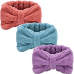Hicarer 3 Piece Microfiber Bowtie Hairband Set for Women - Chic Purple, Chic Red, Turquoise - Securing Hair, Shower, Facial - Hair Accessories