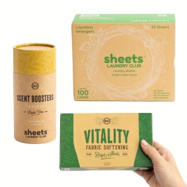 Sheets Laundry Club Bundle - 50 Pack (up to 100 loads) Fresh Linen Detergent Sheets, 40 Pack Vitality Dryer Sheets & 8 Oz. Sandbar Scent Booster - New Liquidless Technology