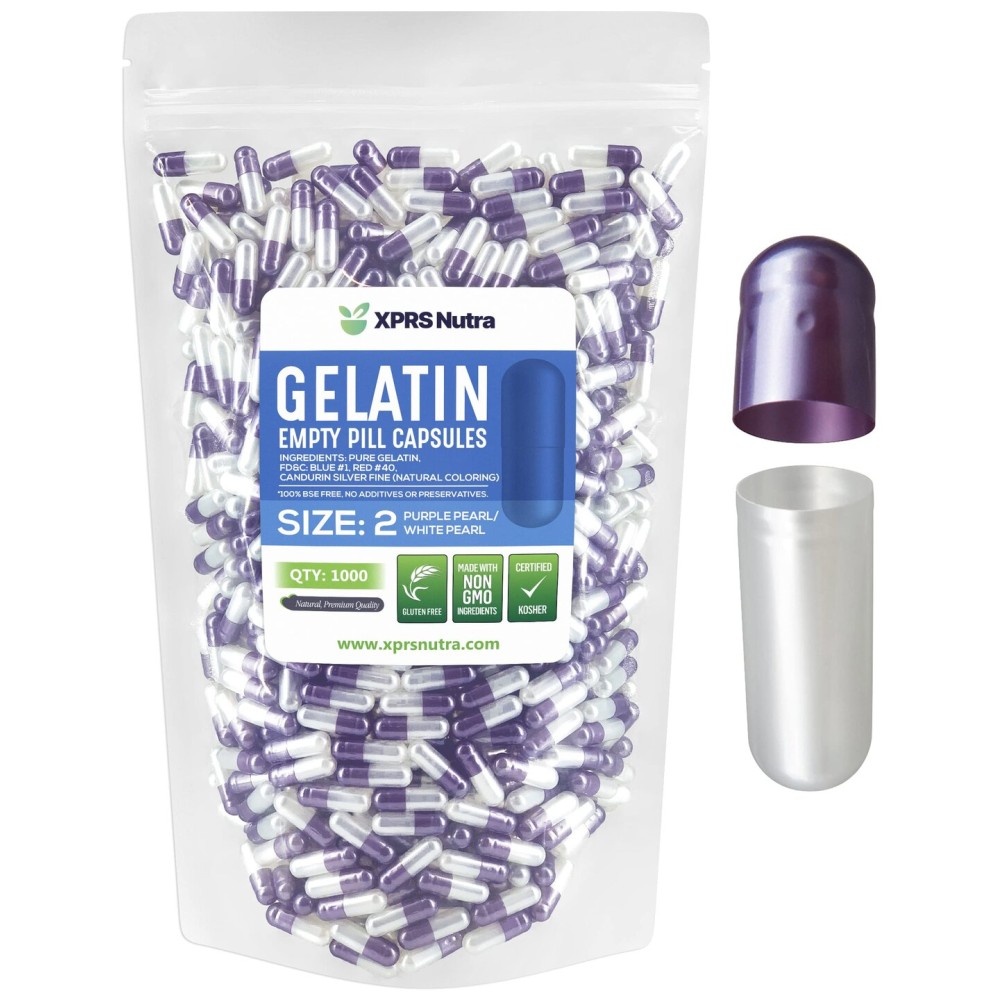 XPRS Nutra Size 2 Empty Capsules - 1000 Count Empty Gelatin Capsules - Pills DIY Capsule Filling - Pure Bovine Pill Gel Caps for Do-It-Yourself Supplements (Pearl Purple/White)