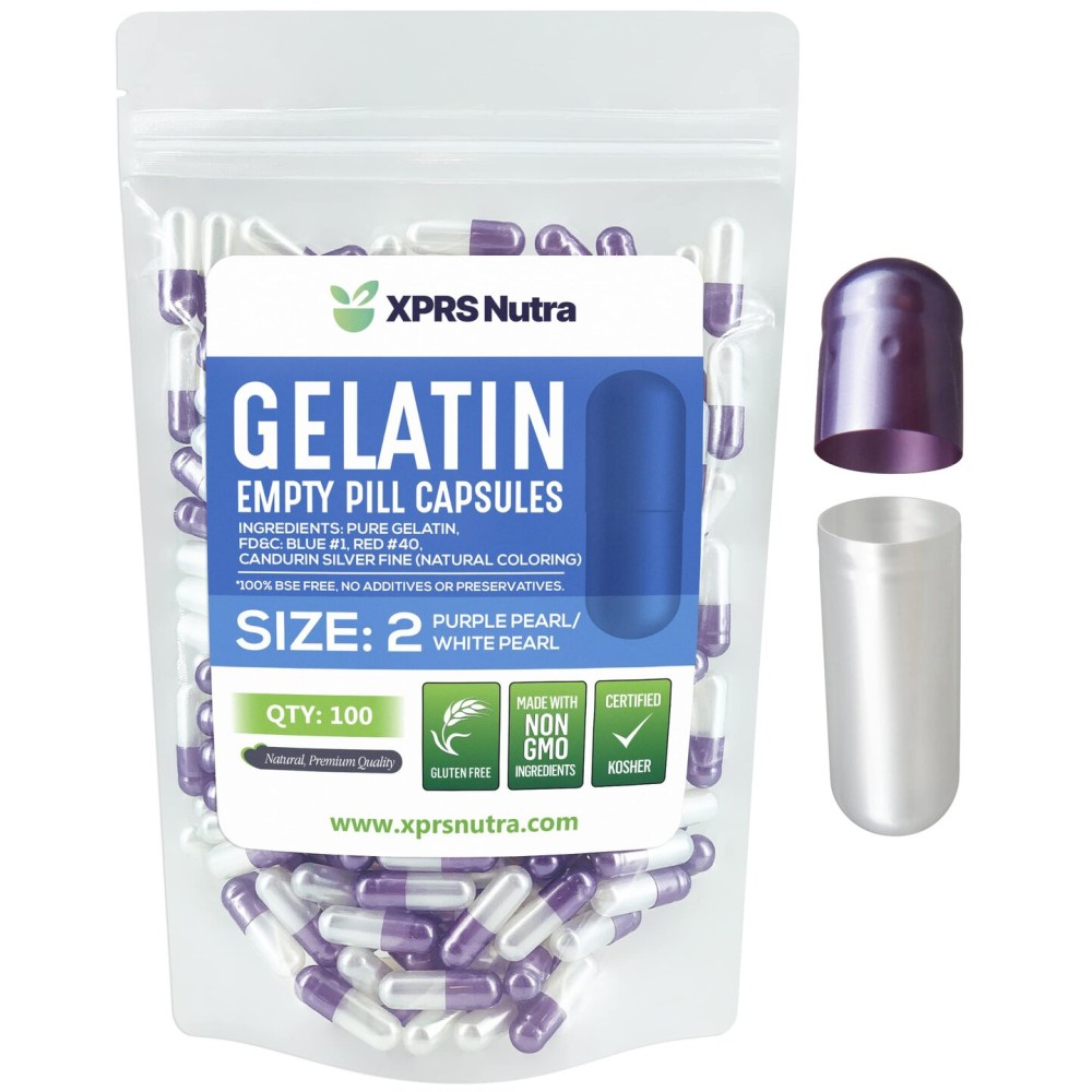 XPRS Nutra Size 2 Empty Capsules - 100 Count Empty Gelatin Capsules - Pills DIY Capsule Filling - Pure Bovine Pill Gel Caps for Do-It-Yourself Supplements (Pearl Purple/White)