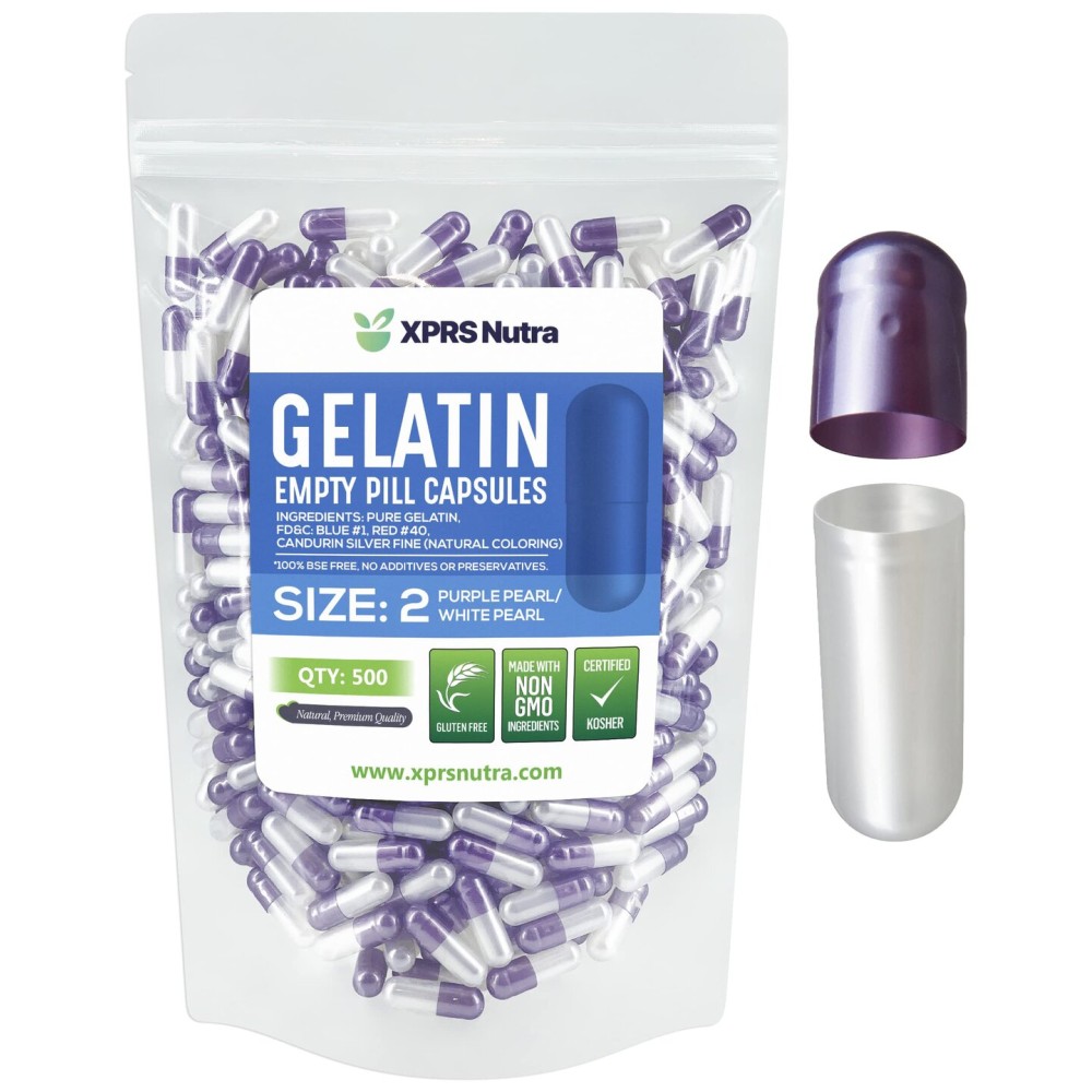 XPRS Nutra Size 2 Empty Capsules - 500 Count Empty Gelatin Capsules - Pills DIY Capsule Filling - Pure Bovine Pill Gel Caps for Do-It-Yourself Supplements (Pearl Purple/White)