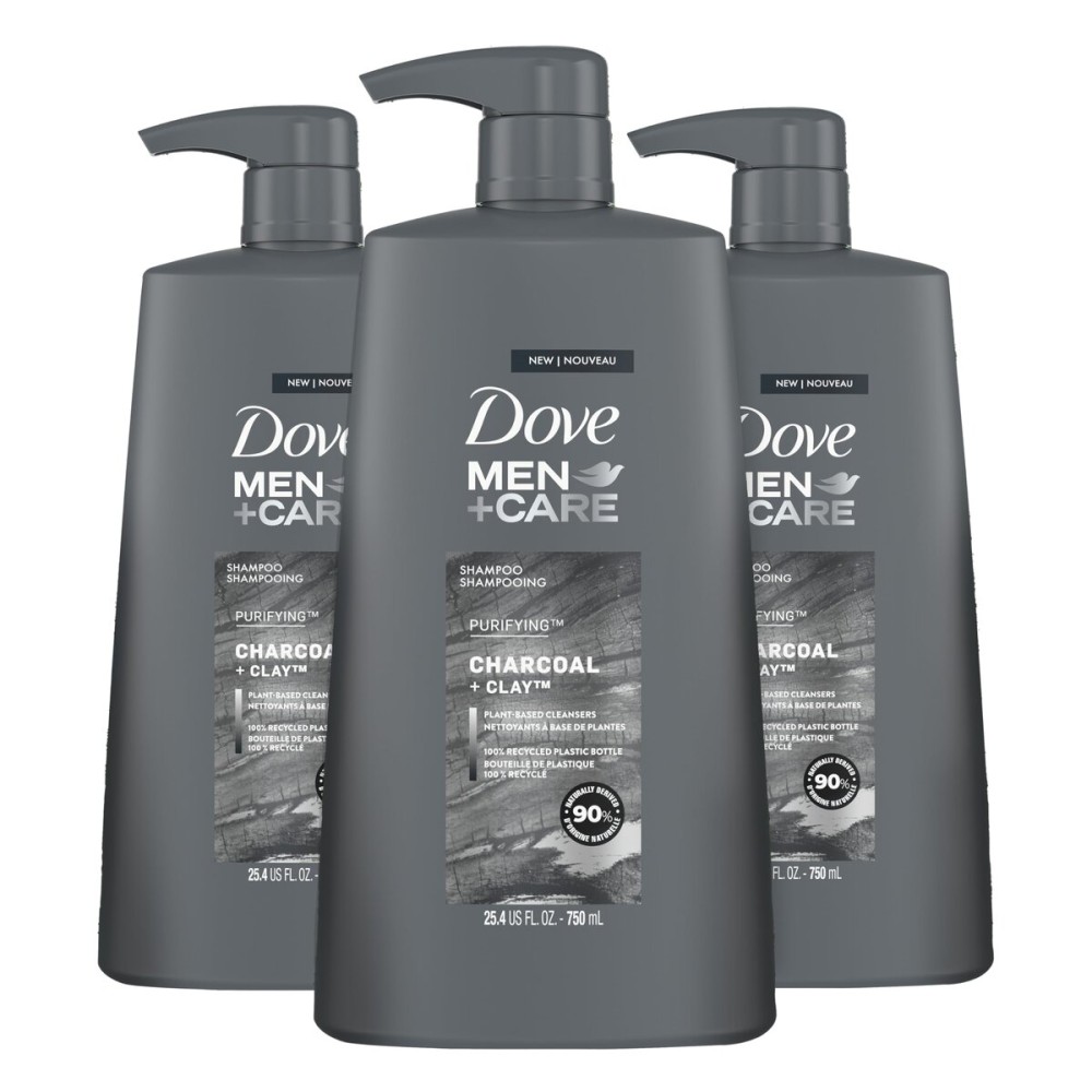 DOVE MEN + CARE Shampoo Charcoal + Clay 3 Count For Healthy-Looking Hair Naturally Derived Plant Based Cleansers 25.4 oz