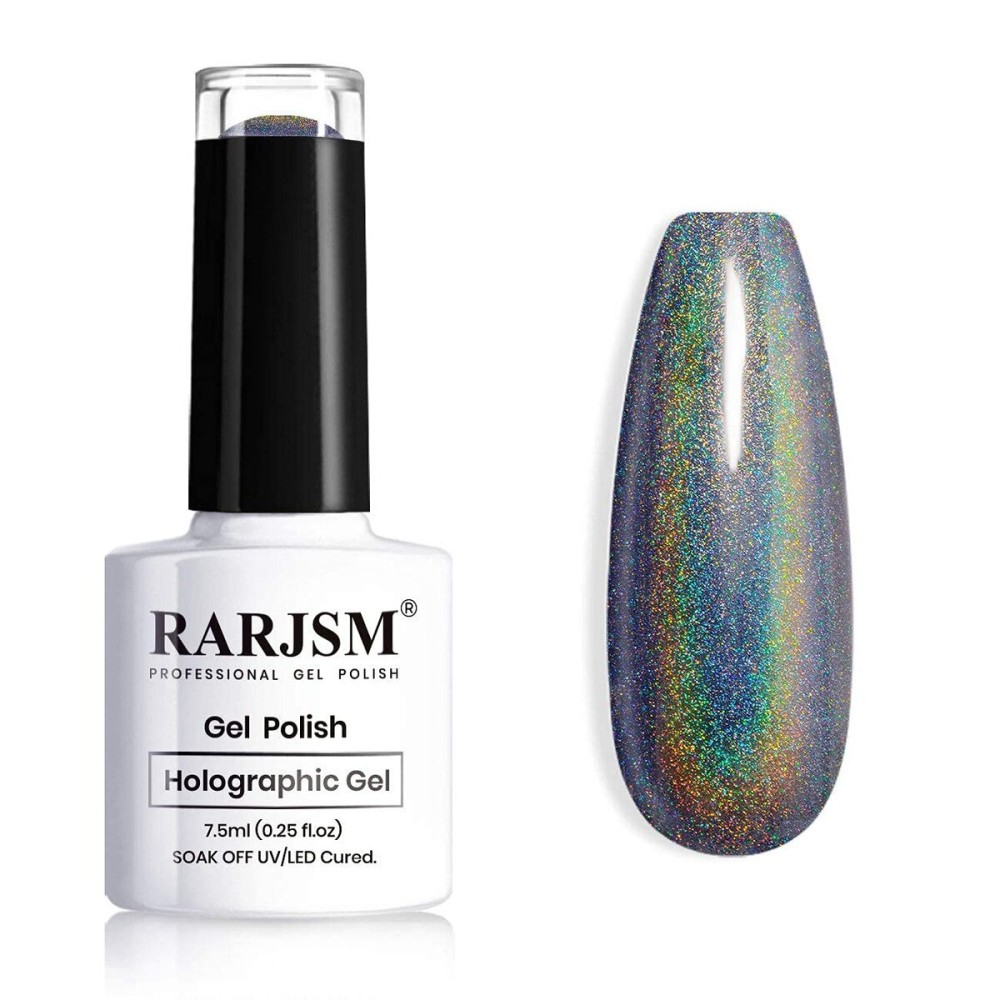 RARJSM Holographic Nail Polish Black Gel Nail Polish Soak Off Nail Gel Collection Cruing Required for Nail Art Design 1 Pack 0.25 Fl.oz RAR72