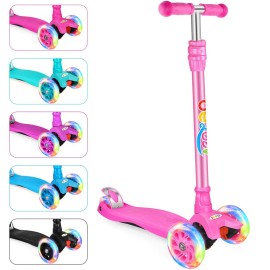 BELEEV Scooters for Kids Ages 3-12, 3 Wheel Kick Scooter for Toddlers Girls Boys, 4 Adjustable Height, Lean to Steer, Light up Wheels, Extra-Wide Deck, Easy to Assemble for Children (Matte Pink)