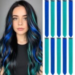 LADYAMZ Colored Hair Extensions 10 PCS, Teal and Blue Clip in Hair Extensions Christmas Party Highlights, Colorful Synthetic Hairpieces for Girls Women Kids Gifts Blue Teal Hair Accessories(22 In)