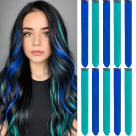 LADYAMZ Colored Hair Extensions 10 PCS, Teal and Blue Clip in Hair Extensions Christmas Party Highlights, Colorful Synthetic Hairpieces for Girls Women Kids Gifts Blue Teal Hair Accessories(22 In)
