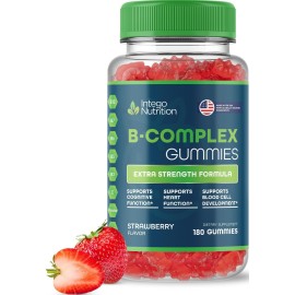 INTEGO NUTRITION Vitamin B Complex Gummies for Adults, B Complex Vitamin Supplement for Women and Men, B Vitamins Complex Gummies for Energy and Brain Health, Natural Strawberry Flavor, 180 Count