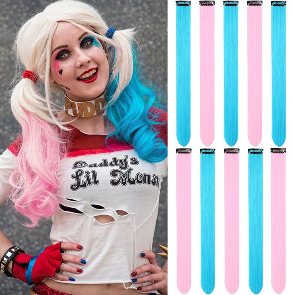 LADYAMZ 22 Inch Colored Hair Extensions 10 PCS, Colorful Christmas Party Highlights Clip in Synthetic Hair Extensions, Sky Blue/Light Pink Hairpieces for Girls Women Kids Doll Party Cosplay Gifts