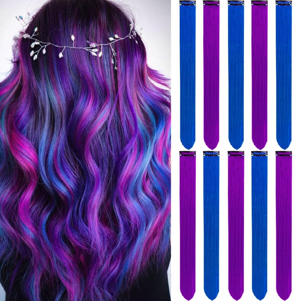 LADYAMZ Colored Purple Hair Extensions 10 PCS, Rainbow Christmas Party Highlights Clip in Synthetic Hair Extension, Colorful Hairpiece for Girl Women Kids Gift Blue Hair Piece(Purple+Blue, 22 In)