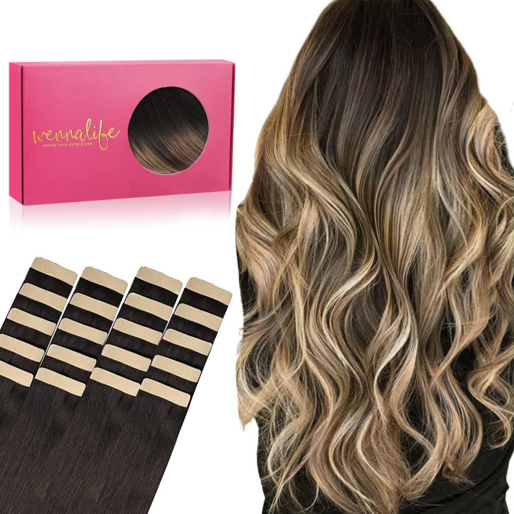 WENNALIFE Tape in Hair Extensions Human Hair, 20pcs 18 inch 50g Dark Brown to Chestnut Brown and Dirty Blonde Remy Tape Hair Extensions Real Human Hair Tape Extensions Coloured Hair Extensions