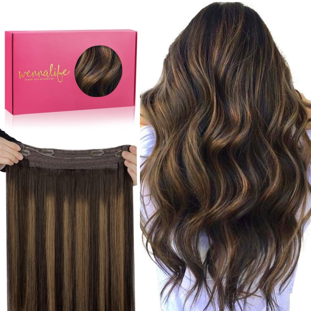 WENNALIFE Wire Hair Extensions (Increase 50% Lifespan) Real Human Hair 12 inch 70g Balayage Dark Brown to Chestnut Brown Remy Hair Invisible Transparent Wire Fish Line Straight Reusable Natural