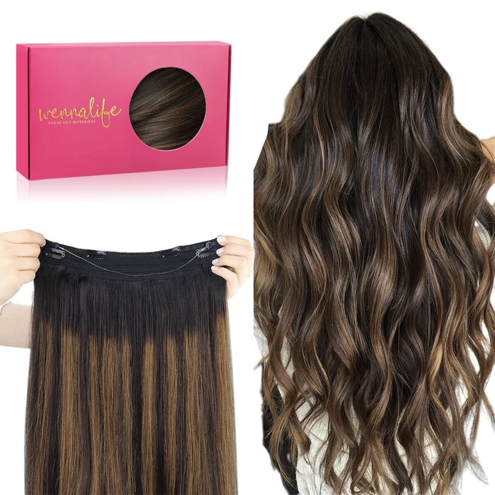 WENNALIFE Wire Hair Extensions (Increase 50% Lifespan) Real Human Hair 14 inch 75g Natural Black Chestnut Brown Remy Hair Extensions Invisible Transparent Wire Real
