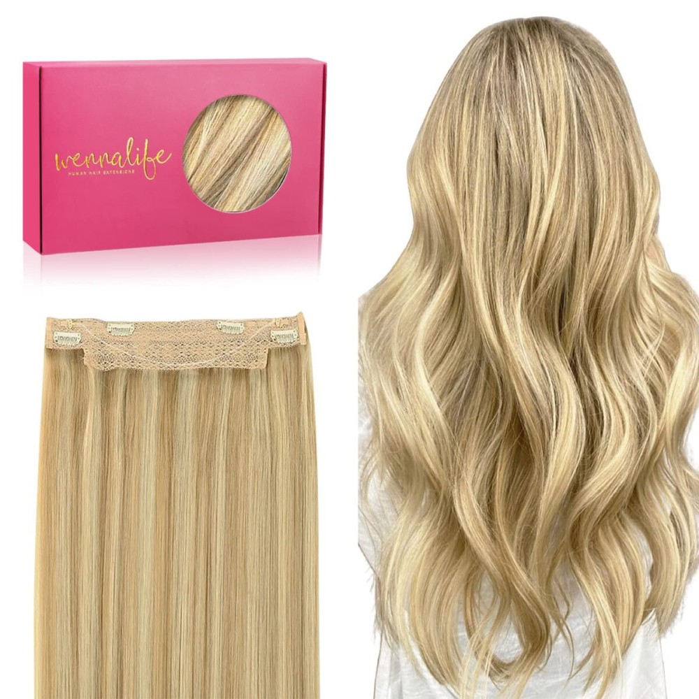 WENNALIFE Wire Hair Extensions (Increase 50% Lifespan) Real Human Hair 12 inch 70g Light Blonde Highlighted Golden Blonde Remy Hair Extensions Invisible Transparent Wire Fish Line