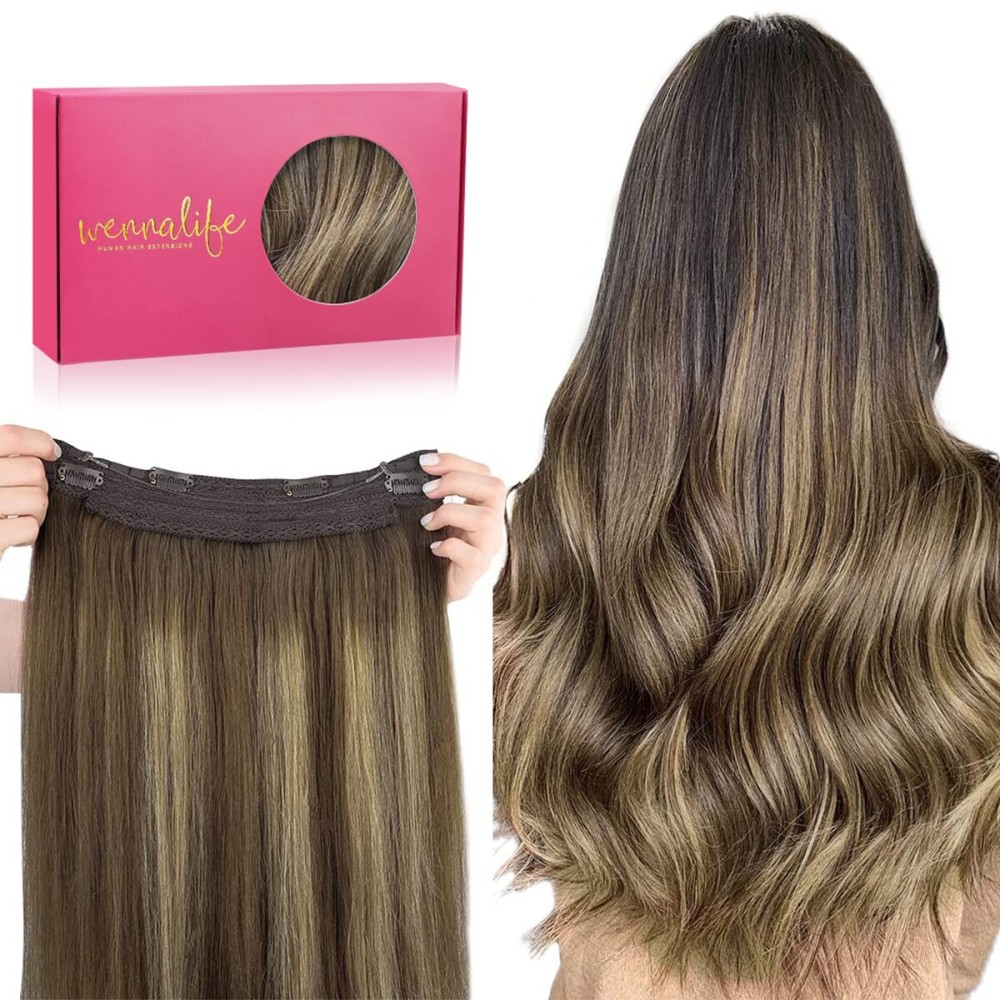 WENNALIFE Wire Hair Extensions (Increase 50% Lifespan) Real Human Hair 12 inch 70g Balayage Chocolate Brown to Caramel Blonde Remy Wire Hair Extensions Invisible Fish Line Real