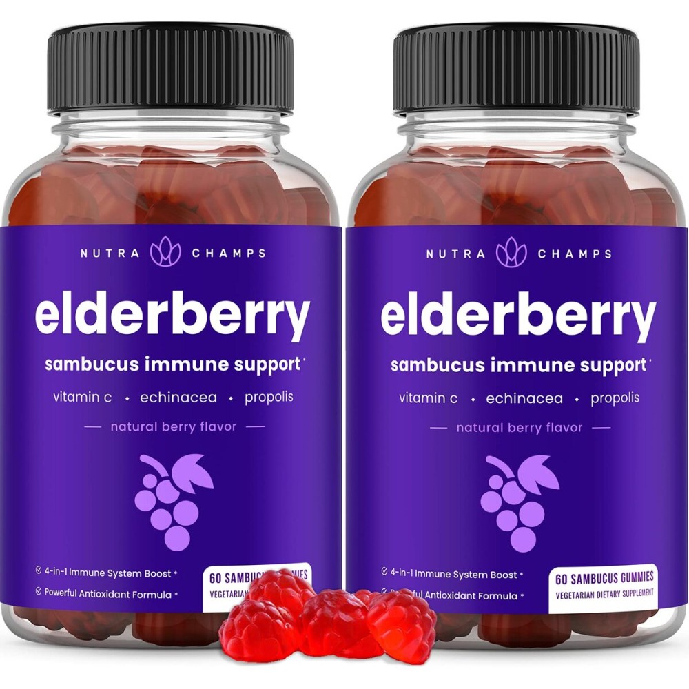NutraChamps Elderberry Gummies, Sambucus Elderberry Gummies for Adults & Kids, Vitamin C, Propolis & Echinacea, Max Strength Immune Support Gummies, Natural Berry Flavor, 120 Gummies (Pack of 2)