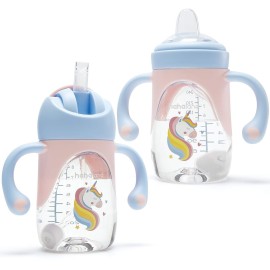 hahaland Sippy Cups for Baby 6-12 Months - 2 in 1 Spout & Straw Unicorns Sippy Cups for Toddlers 1-3 No Spill Transition Weighted Straw Cup (1 Cup with 2 Nipples) Baby First Christmas Gifts