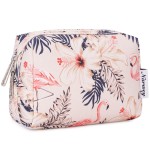 Narwey Small Makeup Bag for Purse Mini Cosmetic Bag Travel Makeup Pouch Zipper Pouch Cute Make up Bags with Compartments for Women Girls (Beige Flamingo, Small)