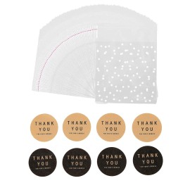 400PCS White Polka Dot Treat Bags Set Self Adhesive Candy Cookie Bags Set, 200 Clear Cellophane Bags + 200 Thank You Sticker for Bakery Biscuit Snacks Dessert 3.94x3.94IN