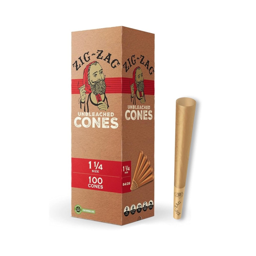 ZIG-ZAG Pre Rolled Cones 1 1/4 Size (100 Pack) Unbleached - Slow Burning Pre Rolled Cones with Tips & Packing Tubes Included - Bulk Pack
