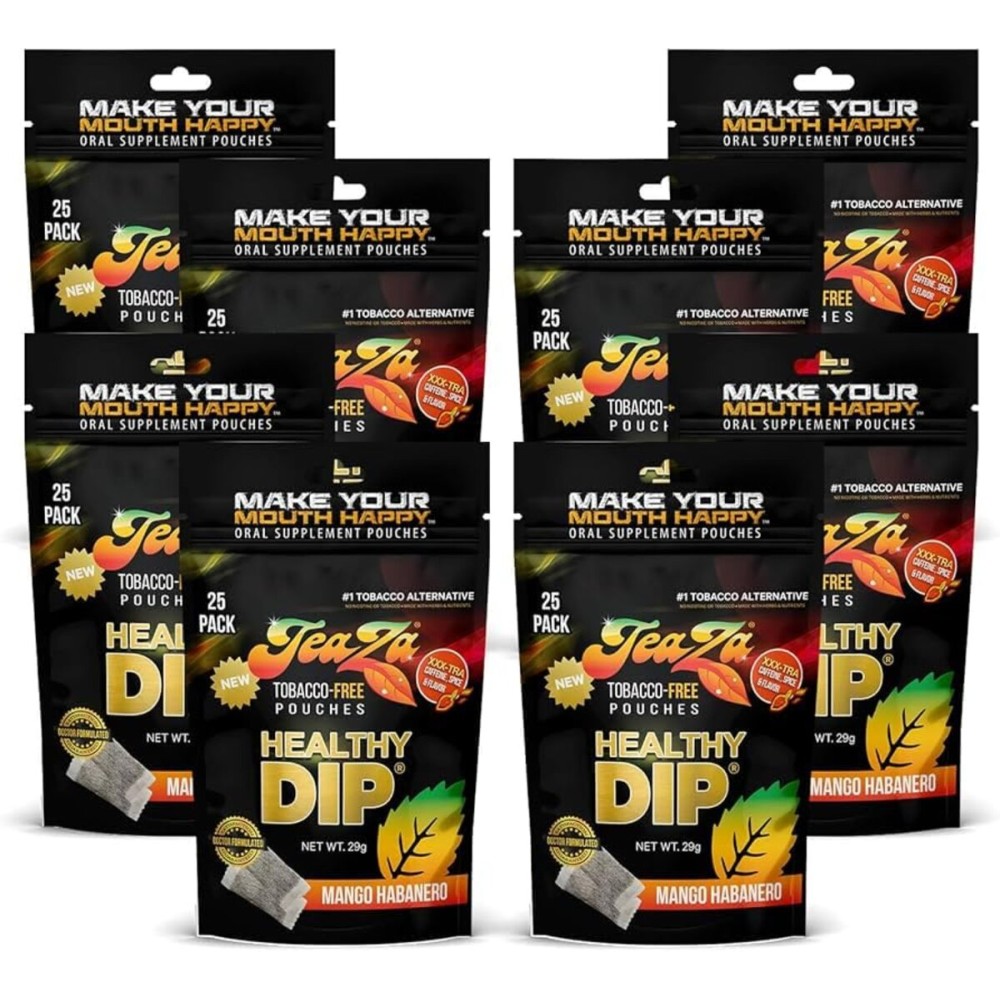 Teaza Energy Pouches Tobacco Alternative Nicotine Free Dip, Smokeless Alternative Snuff Healthy Dip, Mango Habanero (8 Pack) Tobacco Free Chew Tropical Fruity Sweetness of Mangoes and Voil