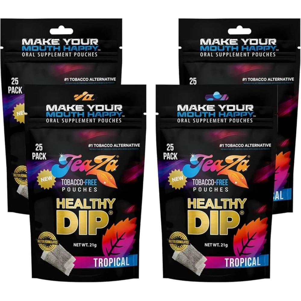 Teaza Herbal Energy Pouches Chewing Tobacco Alternative Nicotine Free Dip, Alternative Snuff & Healthy Dip, Tropical Flavor (4 Pack) Mouthwatering Tropical Fruits Pineapple Mango Citrus