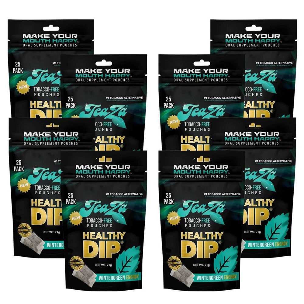 Teaza Herbal Energy Pouches, Alternative Snuff Healthy Dip Pouches, Wintergreen Energy (8 Pack)