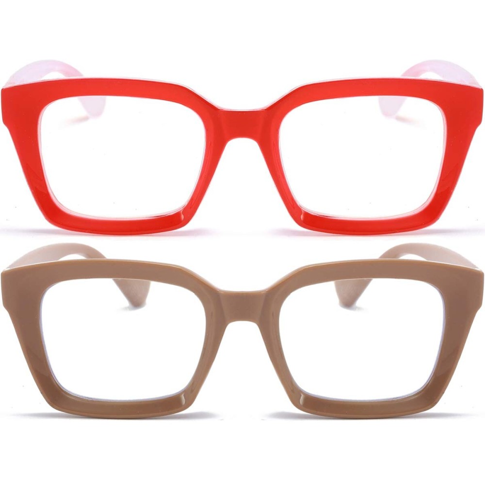 REAVEE 2 Pack Stylish Oprah Oversized Blue Light Blocking Computer Glasses Women Ladies Non-Prescription Fake Eyeglasses Frames (Red/Coffee,0.0)