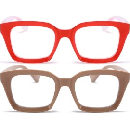 REAVEE 2 Pack Stylish Oprah Oversized Blue Light Blocking Computer Glasses Women Ladies Non-Prescription Fake Eyeglasses Frames (Red/Coffee,0.0)