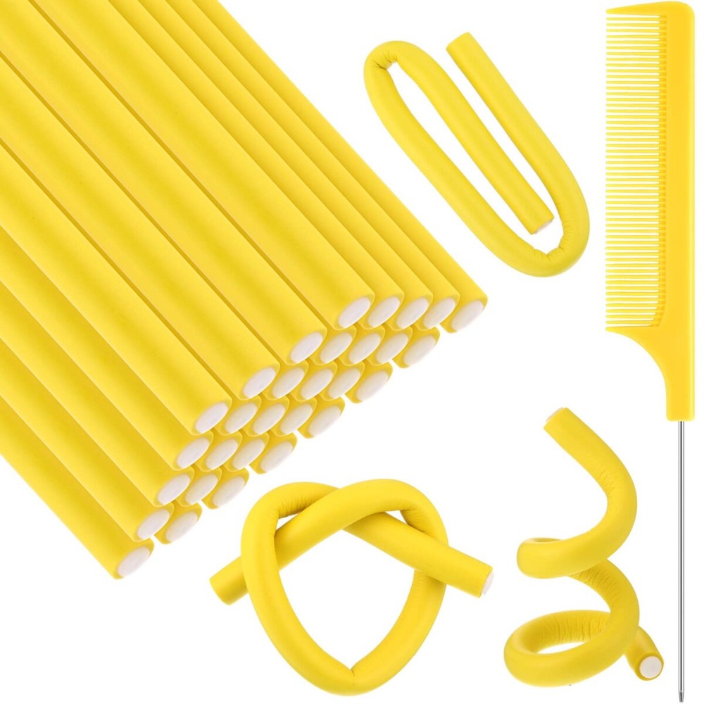 Syhood 30 Pcs Flexible Curling Rods 9.45 Twist Foam Rollers Soft Foam No Heat Hair Rods Rollers and 1 Steel Pintail Comb Rat Tail Comb for Women Long Short Hair(Yellow,9.45 x 0.39 Inch)