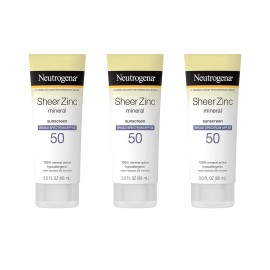Neutrogena Mineral Sunscreen Sheer Zinc Oxide Dry-Touch Lotion, Broad Spectrum Sunblock SPF 50, Water Resistant Sunscreen For Sensitive Skin, 3 fl. oz, 3 Pack